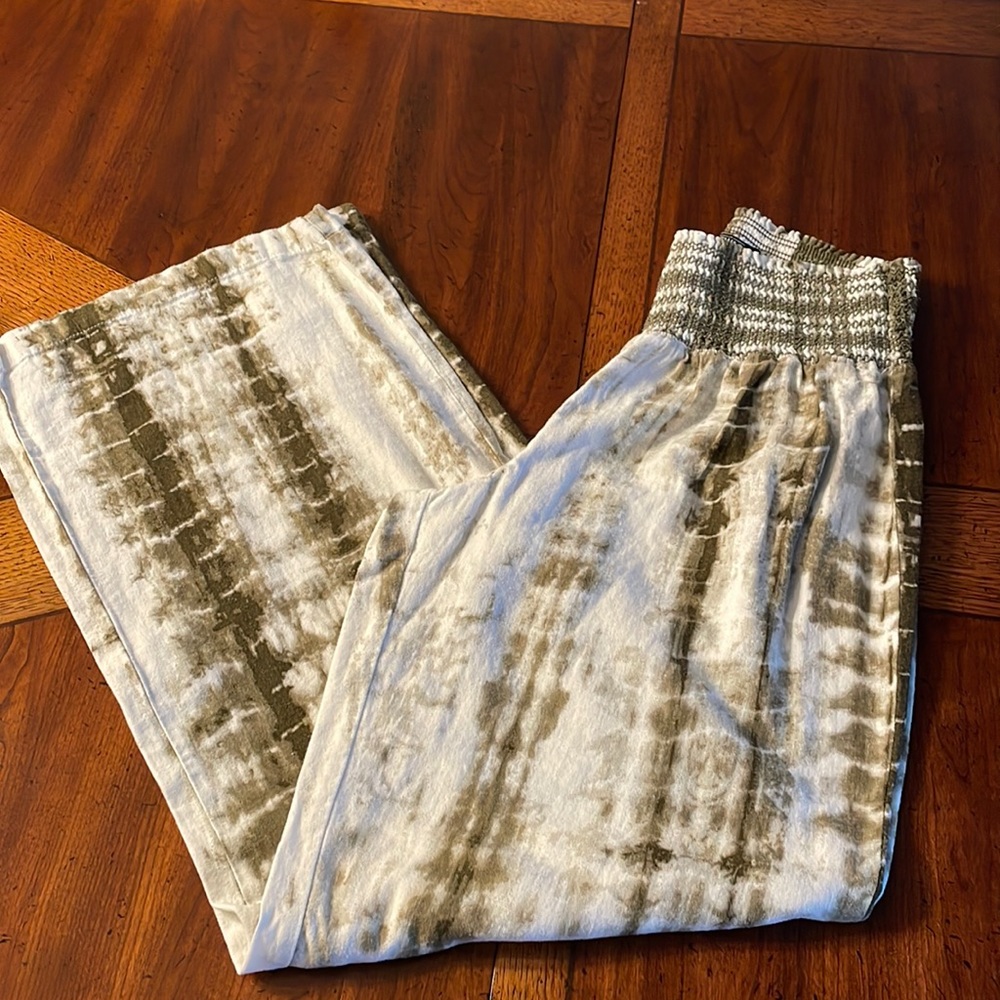 Olive and Green Tie Dye Effect Wide Leg Summer Pants